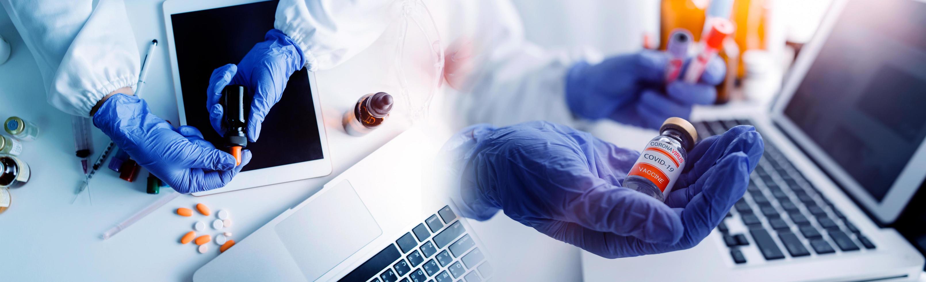 Double exposure of technology healthcare And Medicine concept. Doctors using digital tablet and modern virtual screen interface icons panoramic banner, blurred background. photo