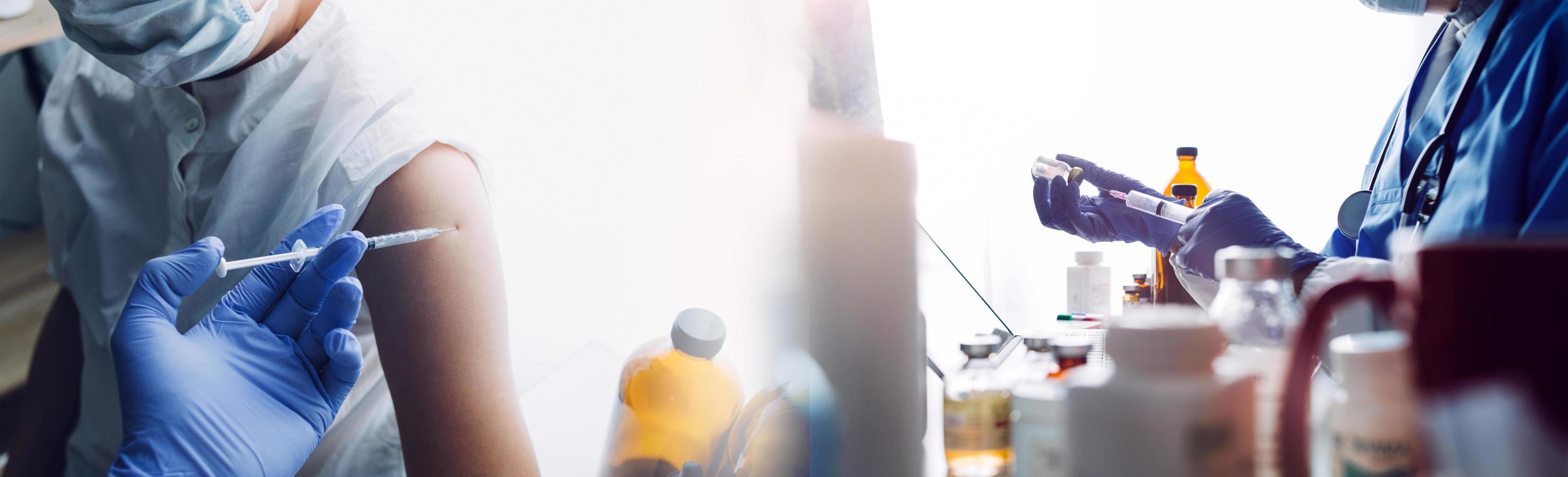 Double exposure of technology healthcare And Medicine concept. Doctors using digital tablet and modern virtual screen interface icons panoramic banner, blurred background. photo
