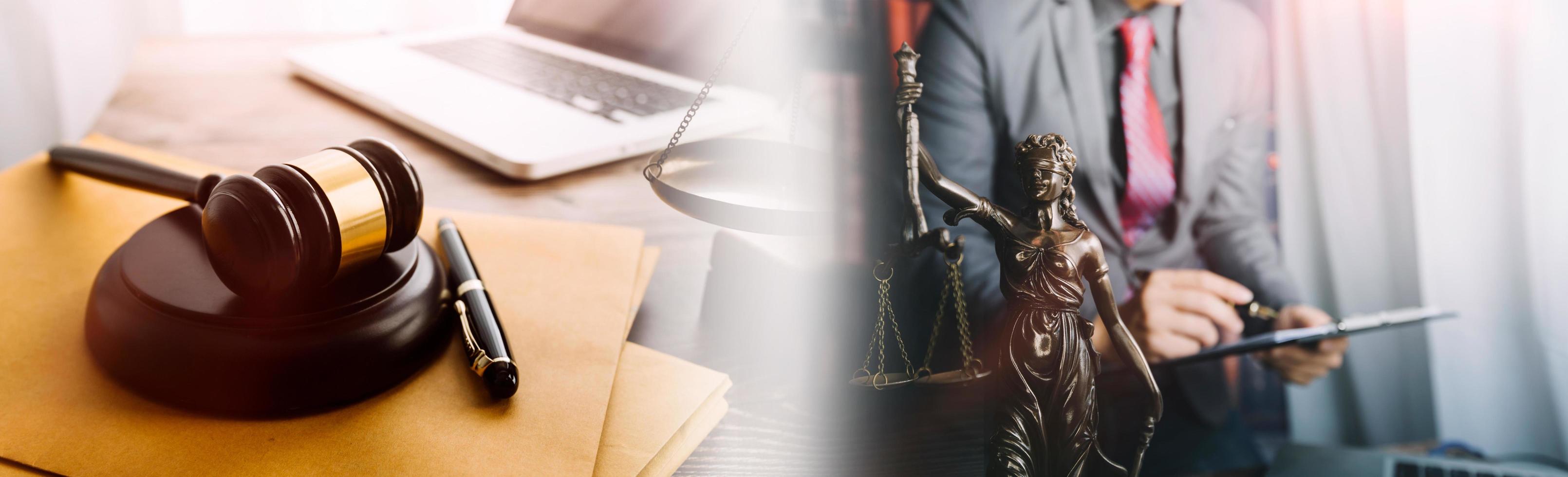 Business and lawyers discussing contract papers with brass scale on desk in office. Law, legal services, advice, justice and law concept picture with film grain effect photo