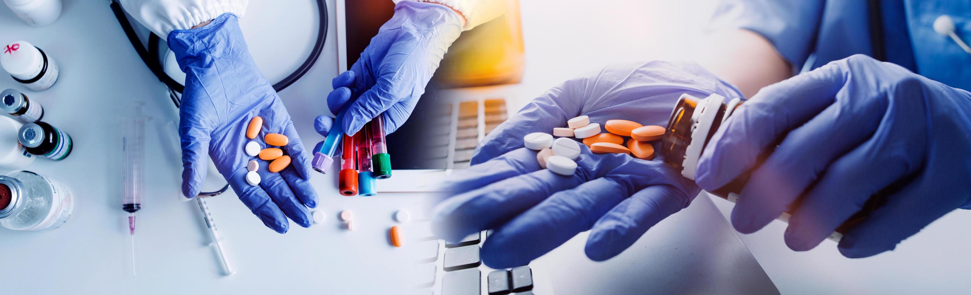 Medicine doctor hand working on a patients x-ray scans digital healthcare and connection with modern virtual screen interface icons, Medical technology and network concept. photo