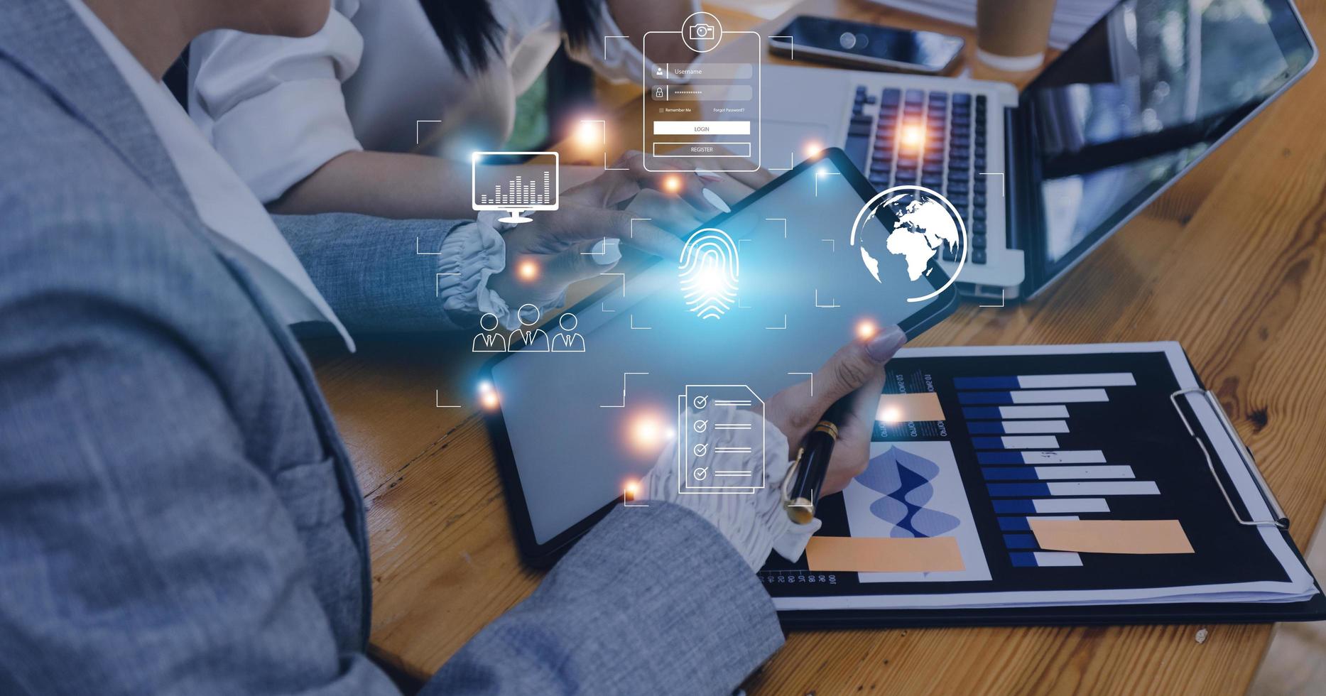 Technology fingerprint scan provides security. digital transformation change management,new technology big data and business process strategy, automate operation, customer service management. photo