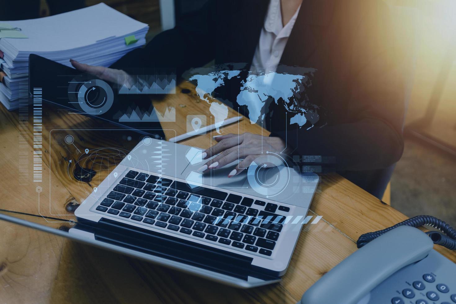 Cyber Security Internet And Networking Concept. Businessman Hand Working With laptop computer and Padlock Icon on screen. Digital crime by an anonymous hacker, data protection. photo