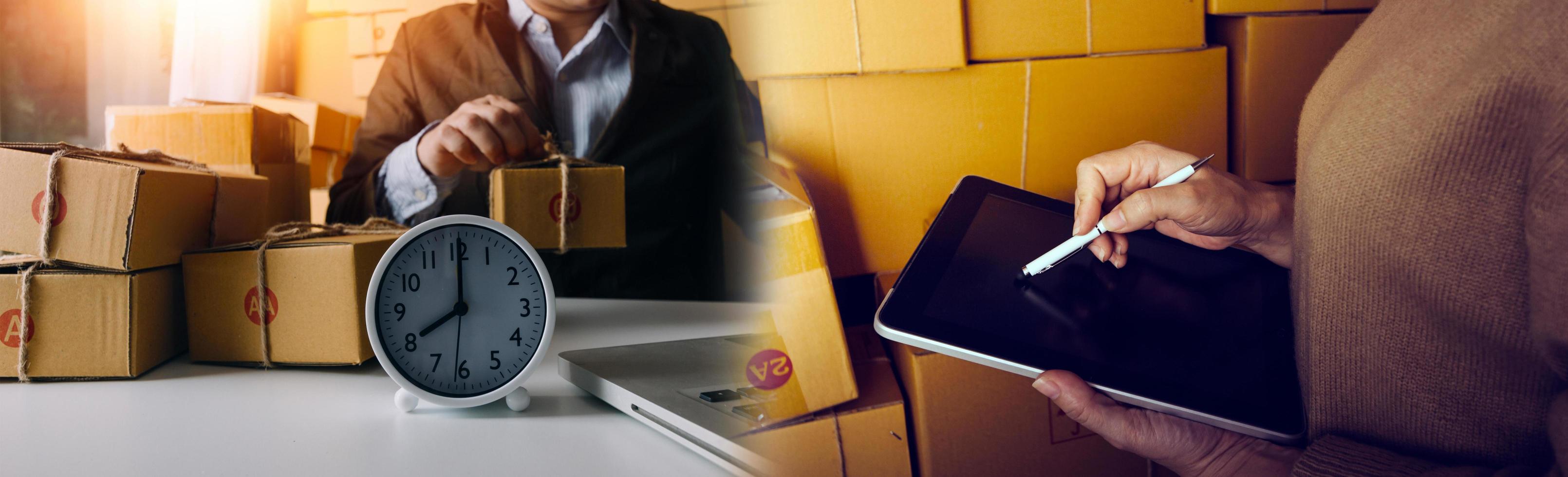 Business woman start up small business entrepreneur SME success .freelance woman working at home with Online Parcel delivery. SME and packaging deliveryconcept photo