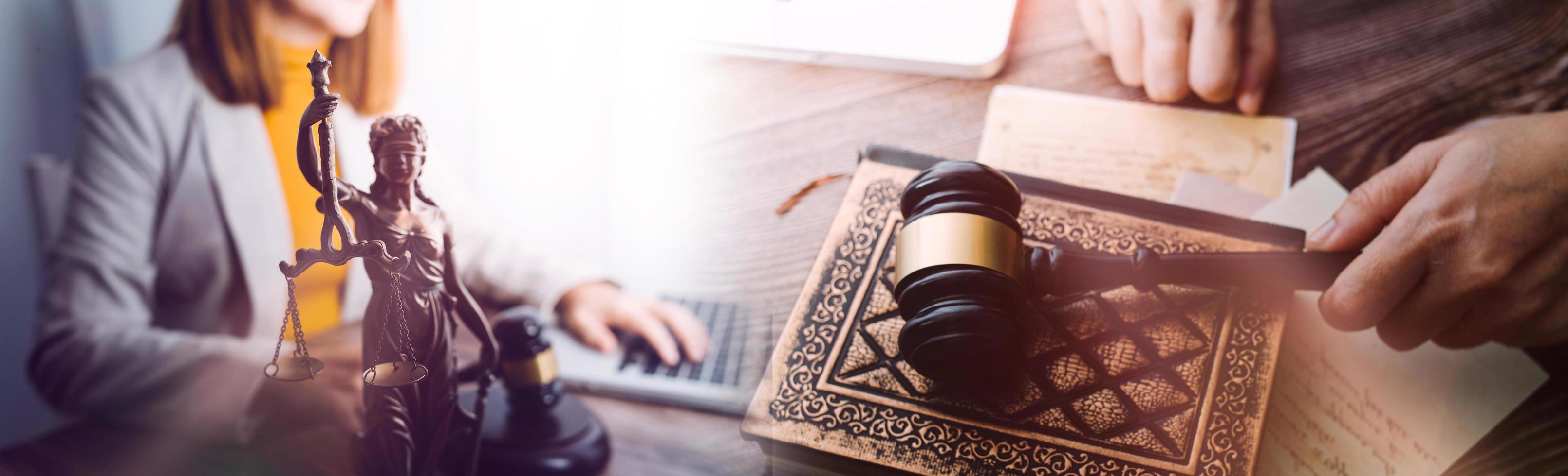 Business and lawyers discussing contract papers with brass scale on desk in office. Law, legal services, advice, justice and law concept picture with film grain effect photo