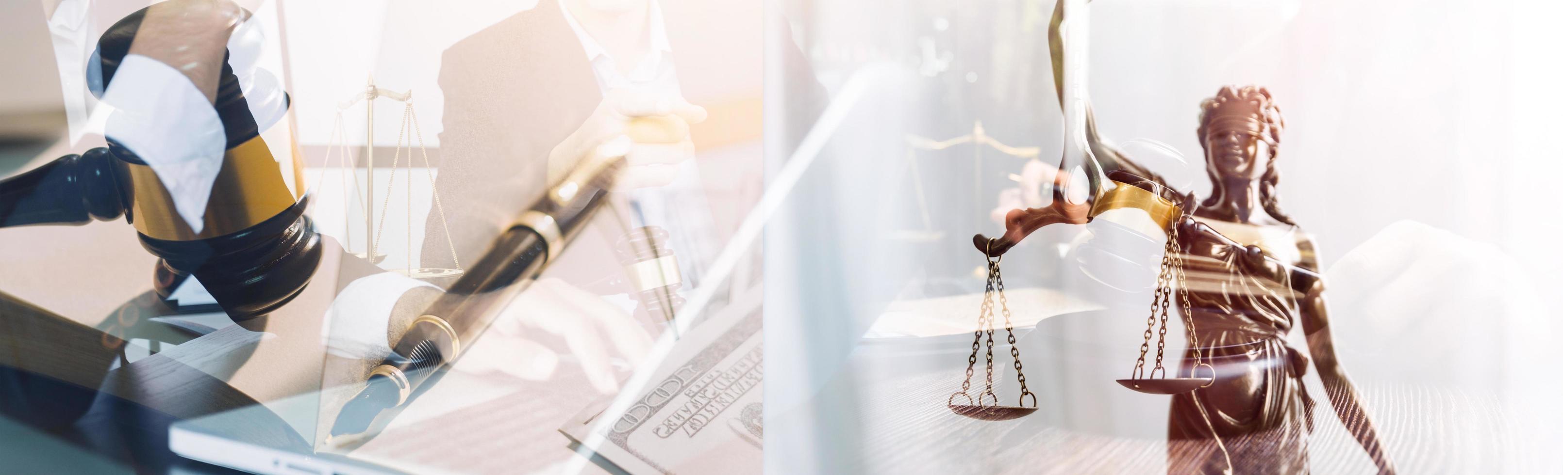 Judge gavel with Justice lawyers having team meeting at law firm in background. Concepts of law. photo