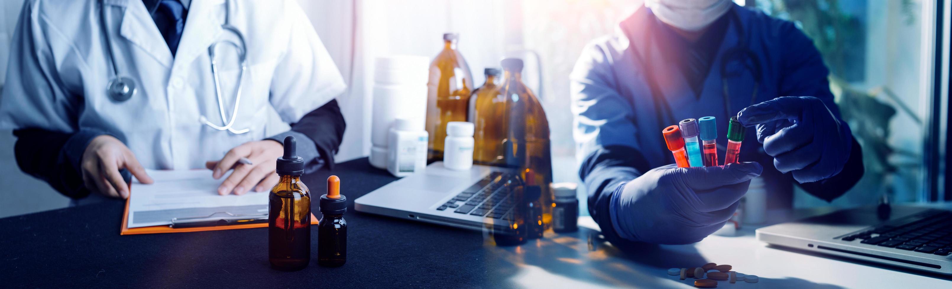 Double exposure of technology healthcare And Medicine concept. Doctors using digital tablet and modern virtual screen interface icons panoramic banner, blurred background. photo