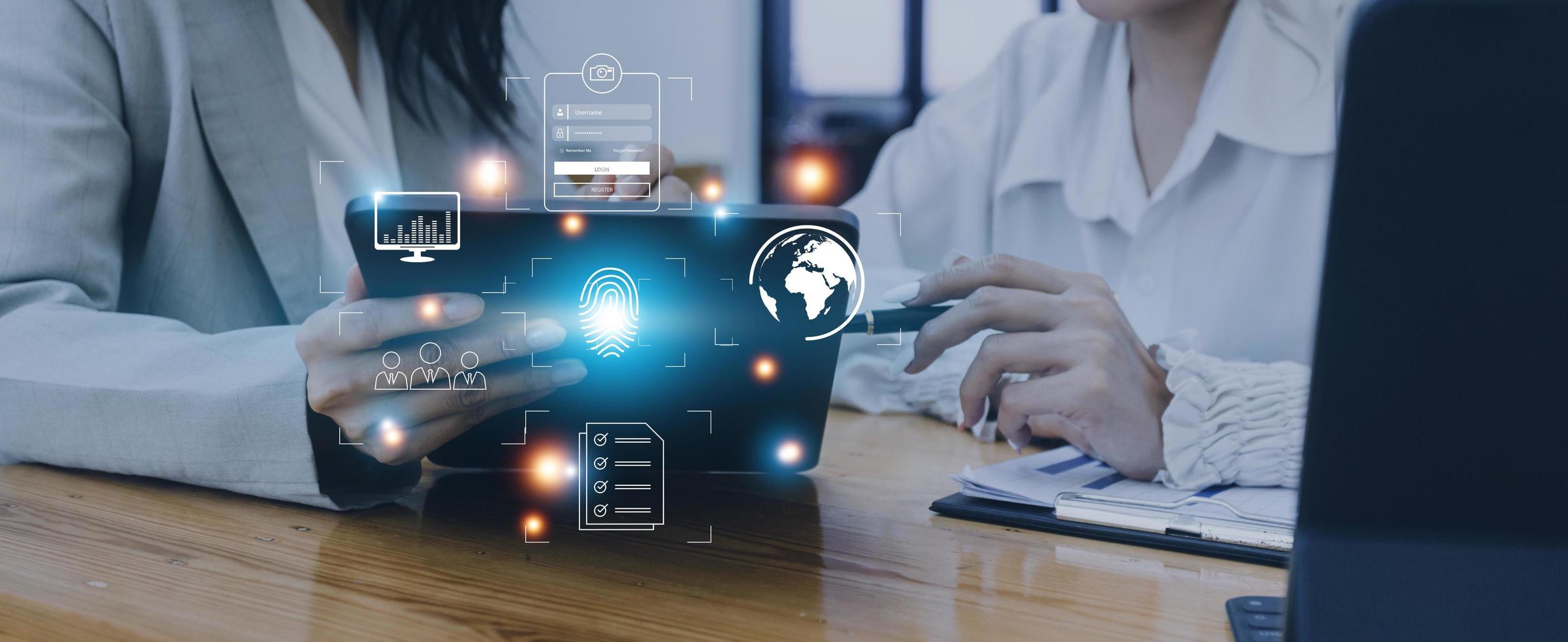Technology fingerprint scan provides security. digital transformation change management,new technology big data and business process strategy, automate operation, customer service management. photo