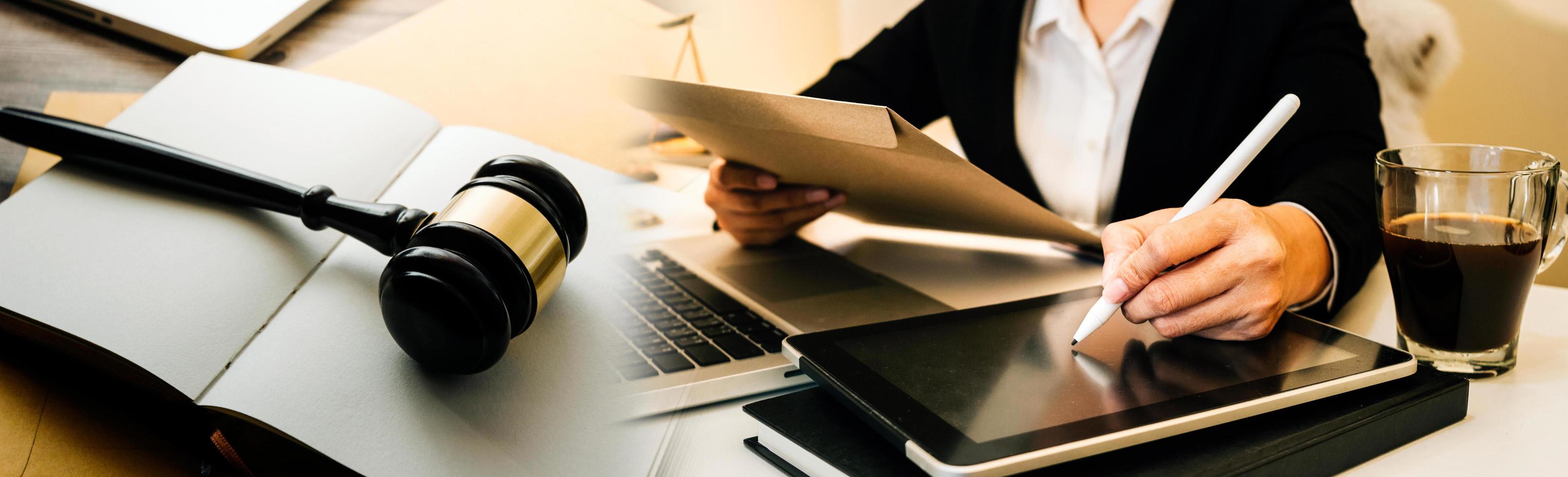 Business and lawyers discussing contract papers with brass scale on desk in office. Law, legal services, advice, justice and law concept picture with film grain effect photo