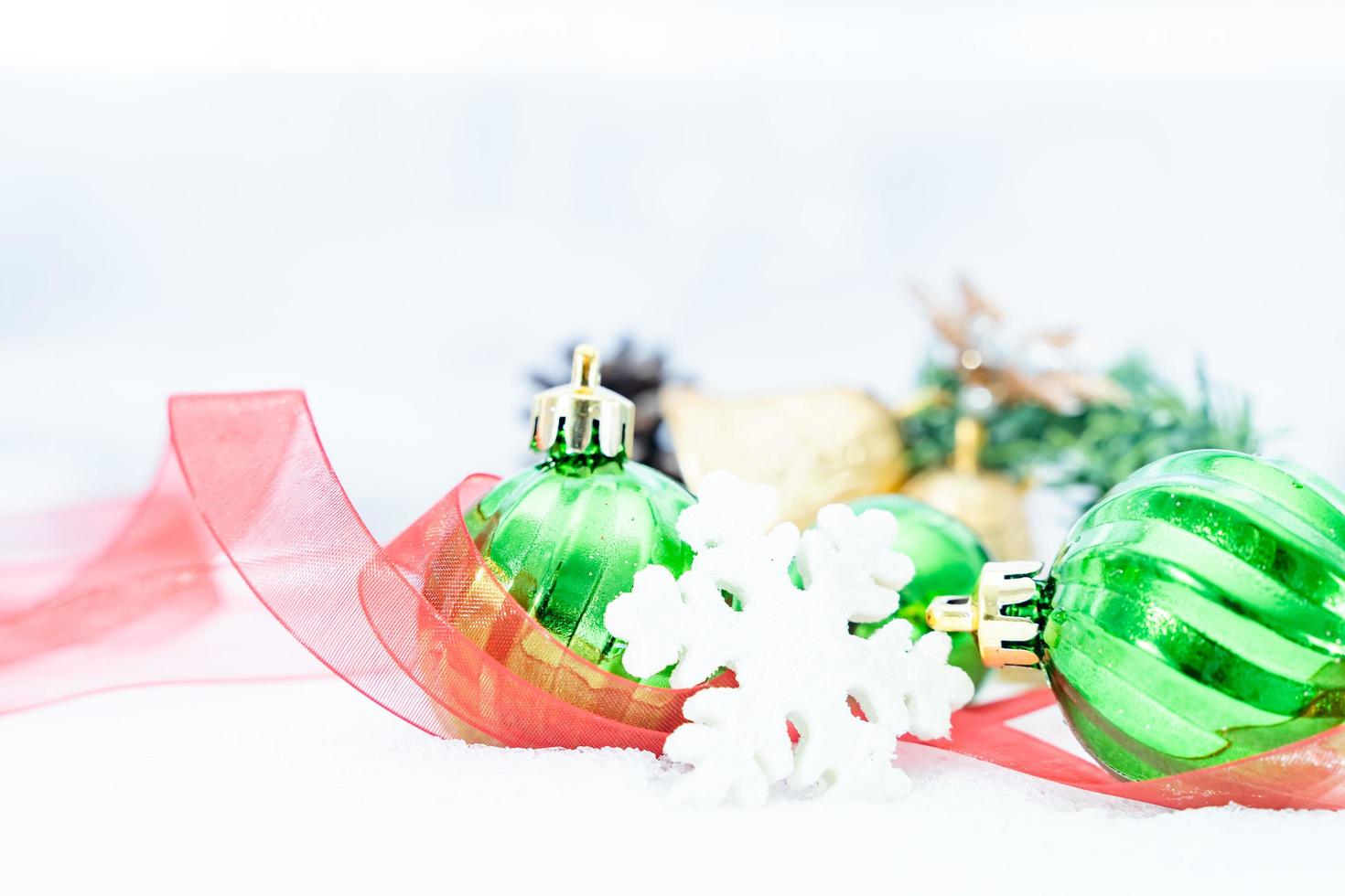 Christmas of  winter - Christmas balls with ribbon on snow, Winter holidays concept. Christmas green balls, golden balls, pine And Snowflakes decorations In Snow Background photo