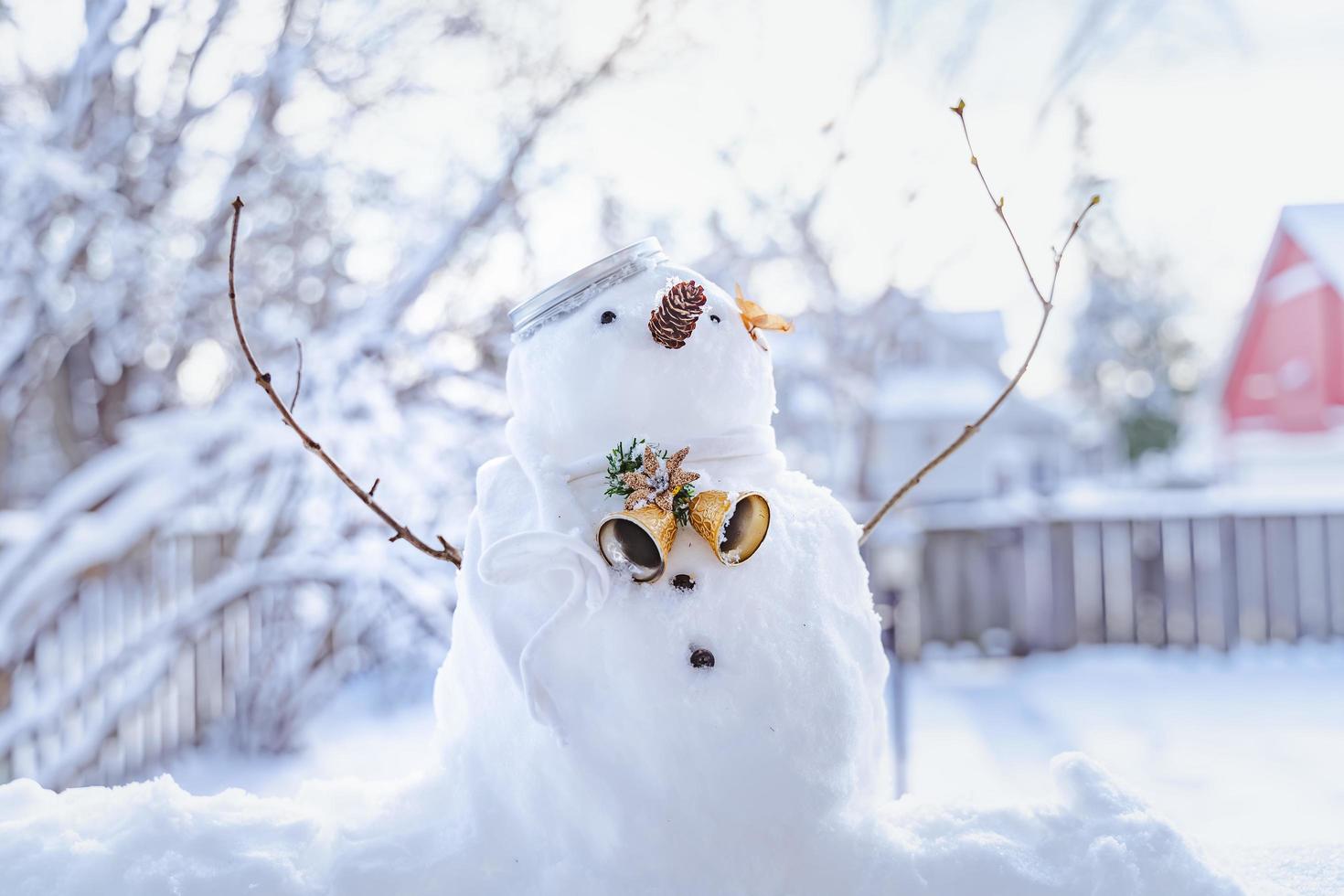 feliz navidad y feliz año nuevo tarjeta de felicitación con espacio de copia. muchos muñecos de nieve de pie en el paisaje navideño de invierno. fondo de invierno. muñeco de nieve con flor seca y pino. felices fiestas y celebraciones. foto