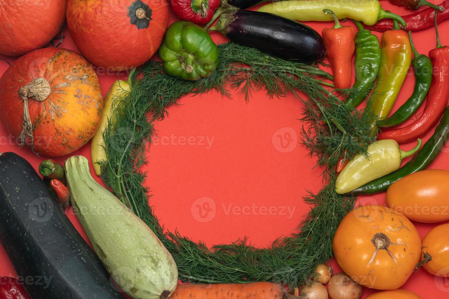 Vegetables are laid out around empty place. Empty space for text. Vegetables on a red background. photo