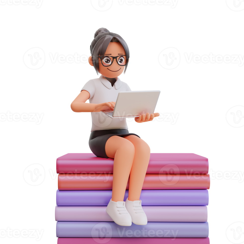 ung affärskvinna sitta och innehav bärbar dator 3d tecknad serie illustration png