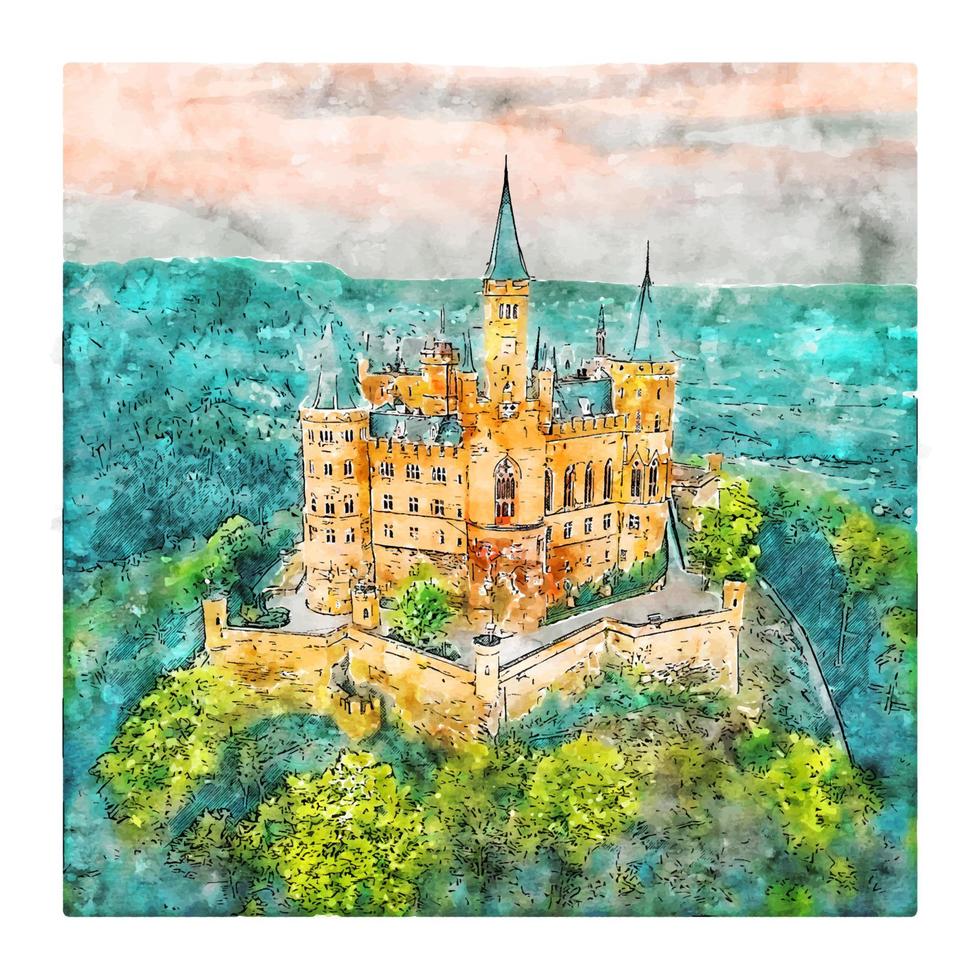 burg hohenzollern alemania acuarela boceto dibujado a mano ilustración vector