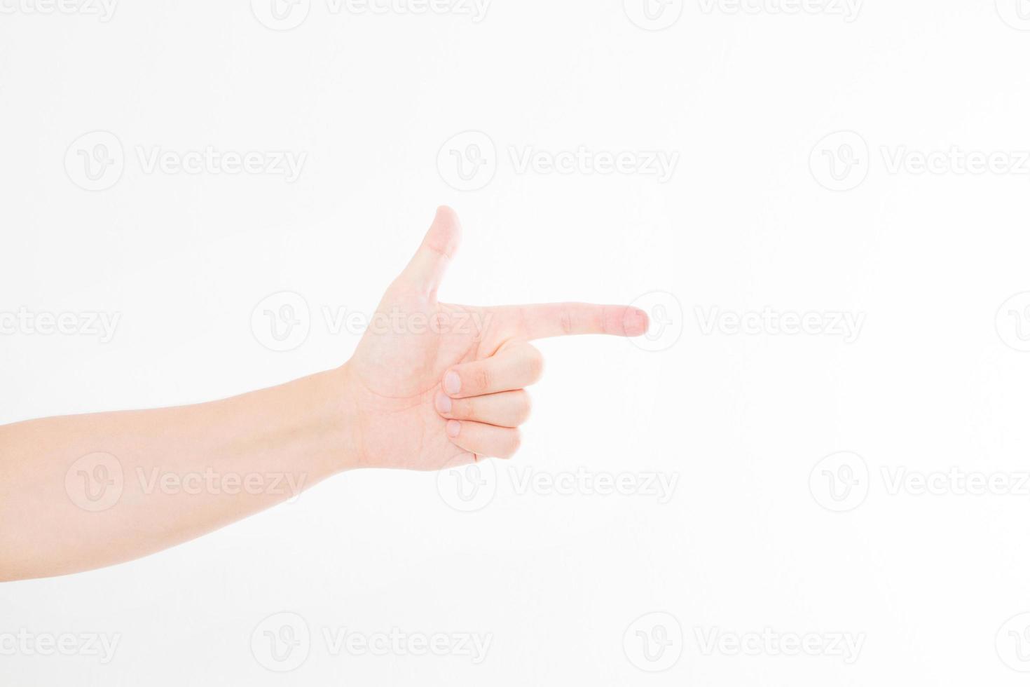 male hand pointing. Isolated on white background. caucasian hand. Mock up. Copy space. Template. Blank. photo