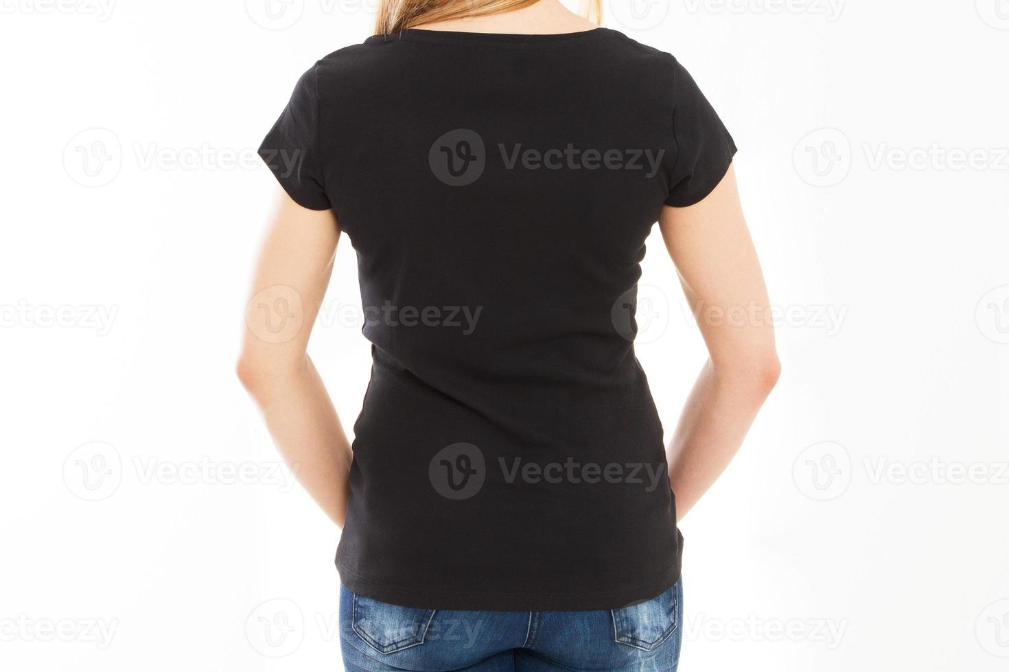 Rear view - Woman body in empty black Tshirt mock up close up isolation. photo