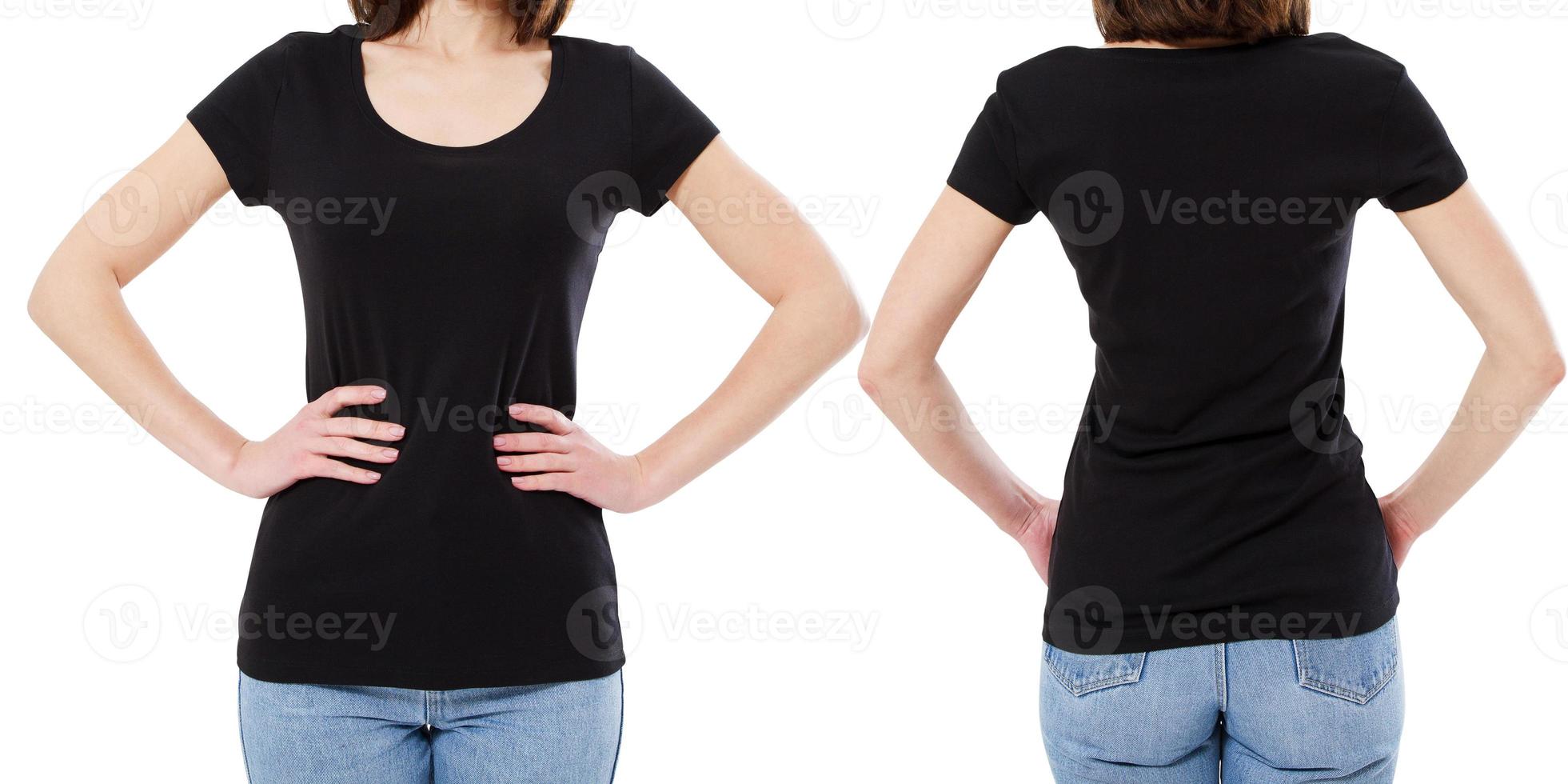 cropped image -t-shirt design and people concept - close up of young woman in blank black t-shirt, shirt front and back isolated photo