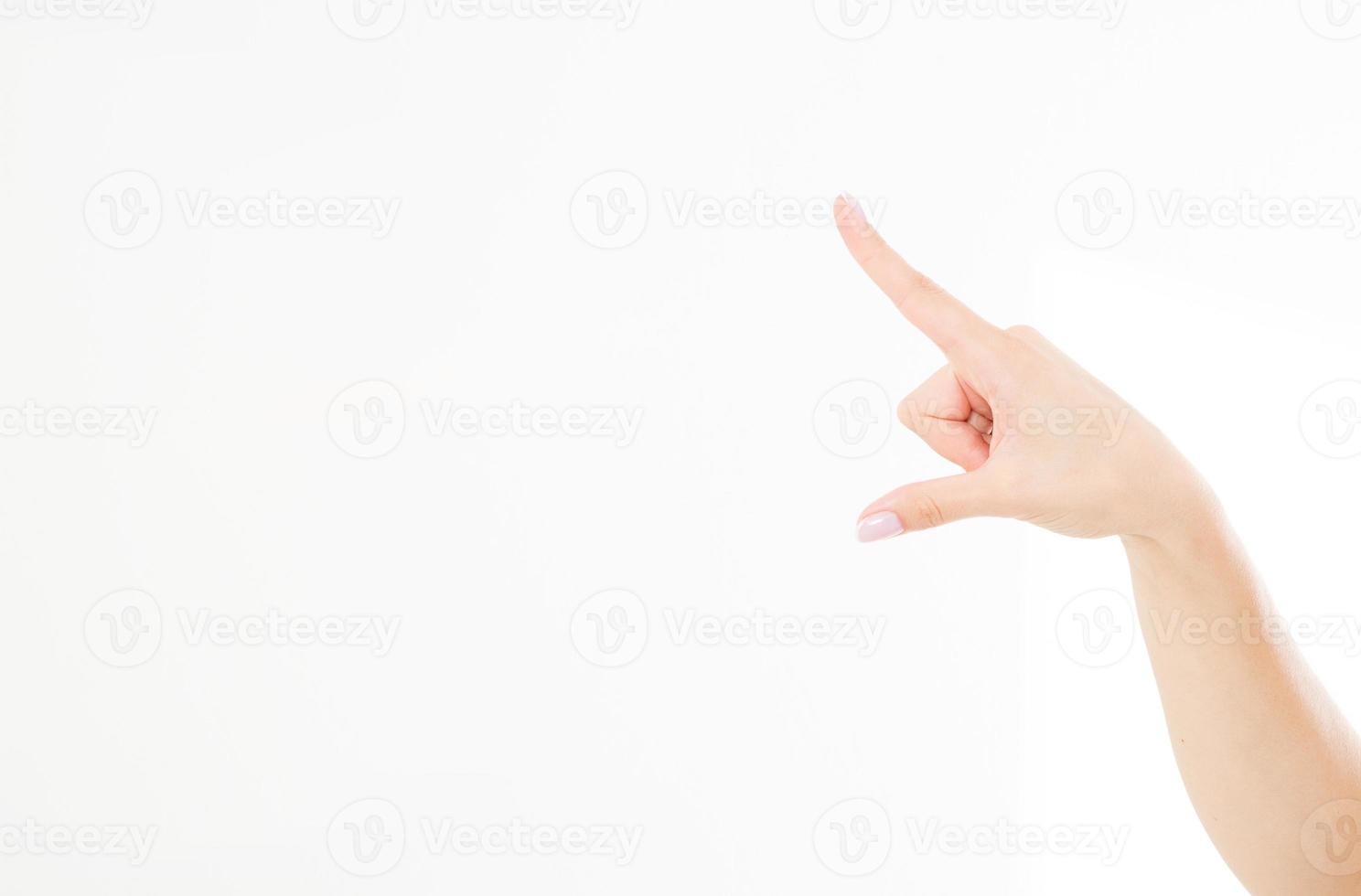 finger point isolated white background. caucasian hand. Mock up. Copy space. Template. Blank. photo