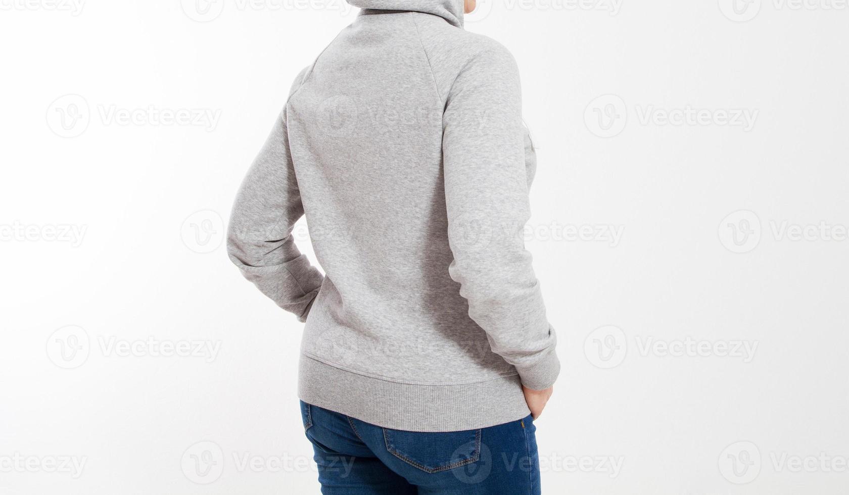 pretty woman in gray pullover hoodie mockup - back view cropped image photo