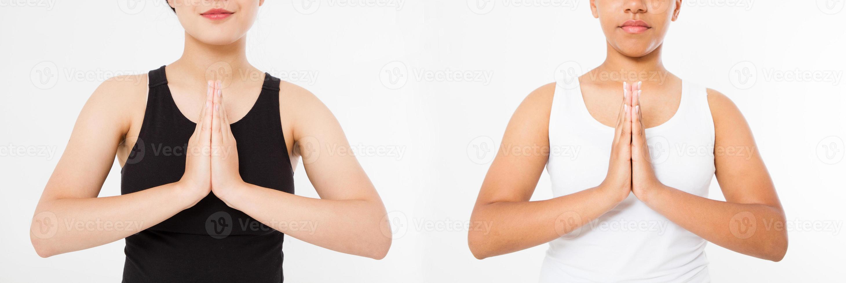 collage or set close-up hands of black asian japanese woman in white and black clothes meditating indoors, focus on arms in Namaste gesture.Mock up. Copy space. Template. Blank. photo
