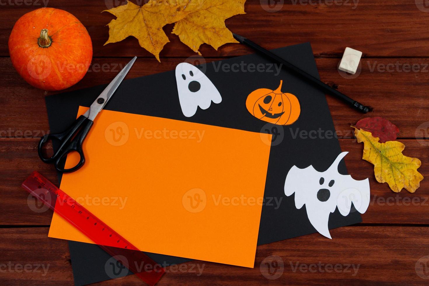 Halloween DIY. Cute pumpkins and paper ghosts. Step-by-step instruction. photo