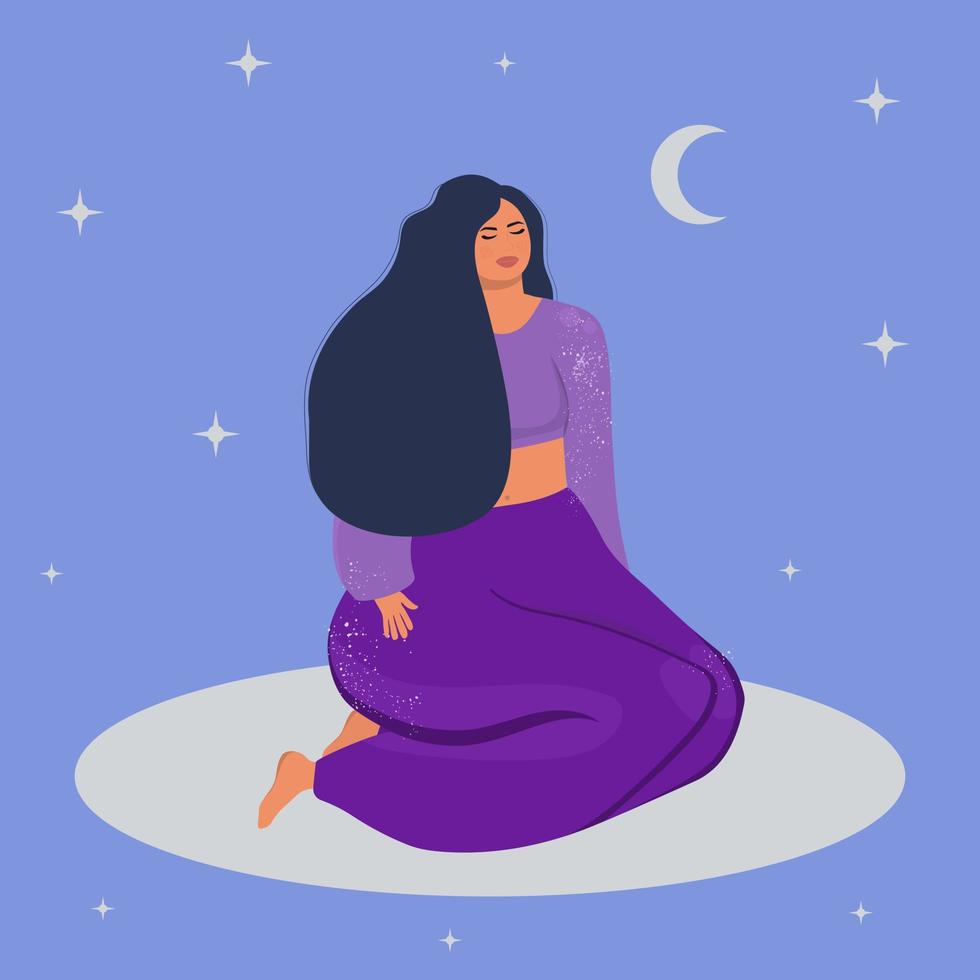 Dreaming woman on the background of the moon. vector