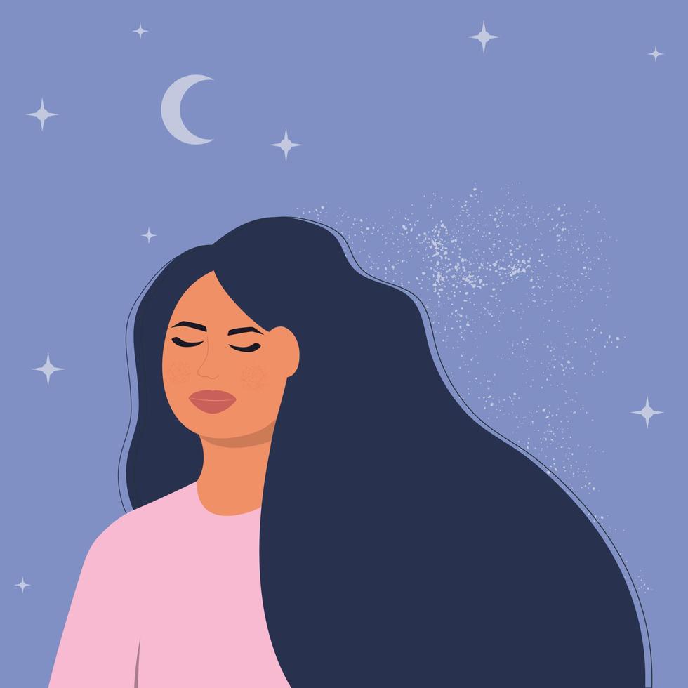 mujer soñando en el fondo de la luna. vector