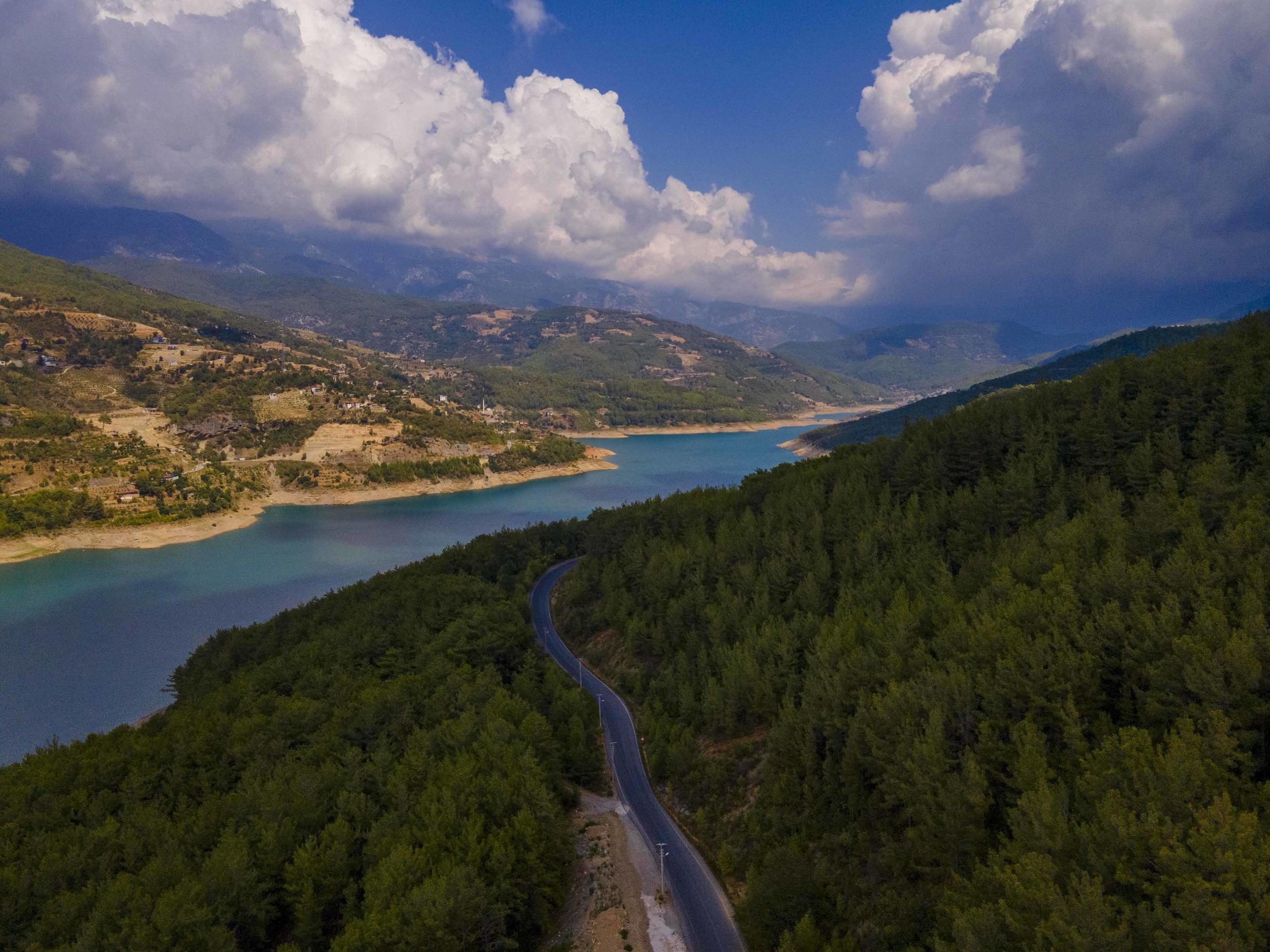 Turquoise water in a mountain forest lake with pine trees. Aerial view