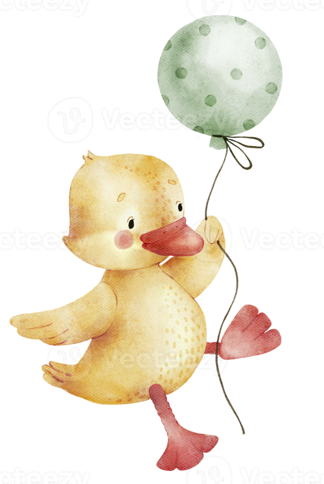 yellow duckling with balloon, cartoon watercolor illustration. png