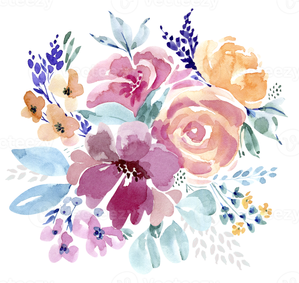 watercolor bouquet of colorful roses. hand painted for design and invitations. png
