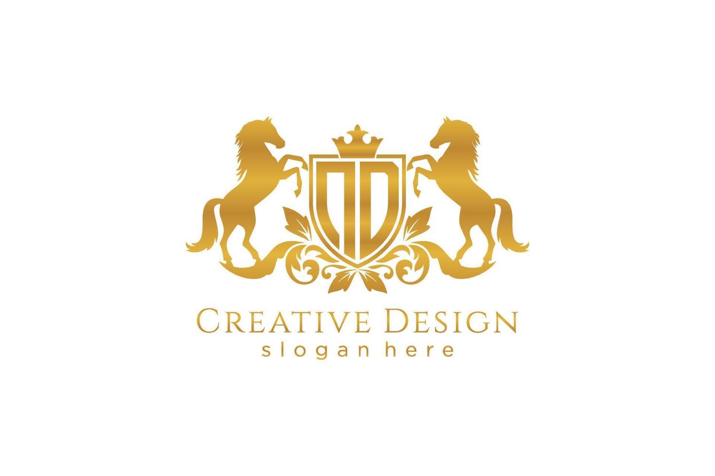 initial ND Retro golden crest with shield and two horses, badge template with scrolls and royal crown - perfect for luxurious branding projects vector