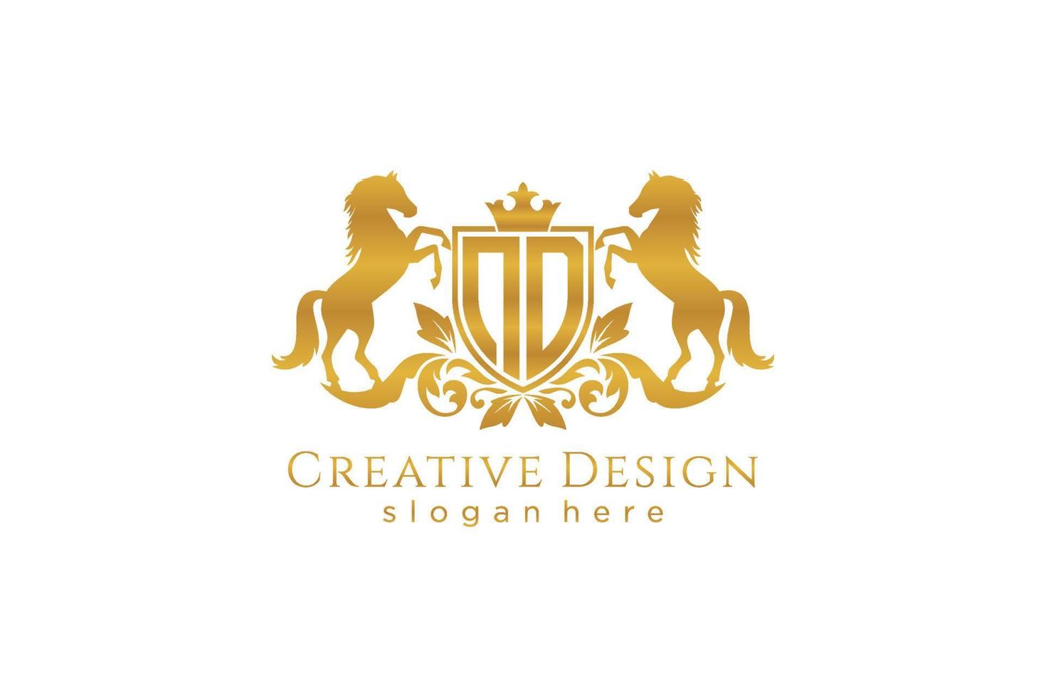 initial ND Retro golden crest with shield and two horses, badge template with scrolls and royal crown - perfect for luxurious branding projects vector