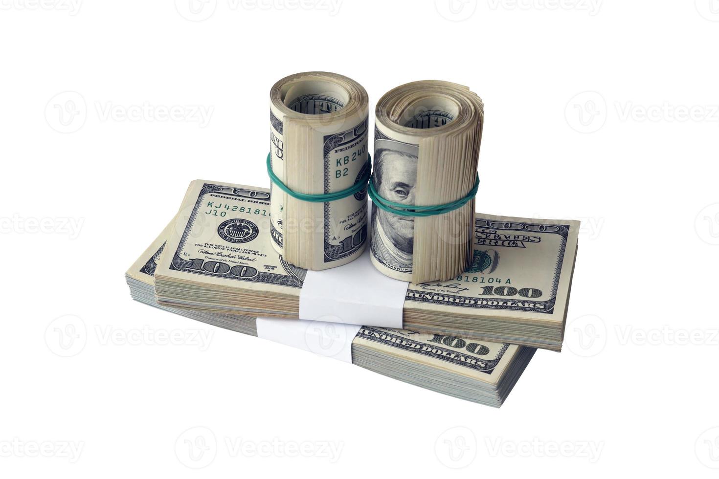 Bundle of US dollar bills isolated on white. Pack of american money with high resolution on perfect white background photo