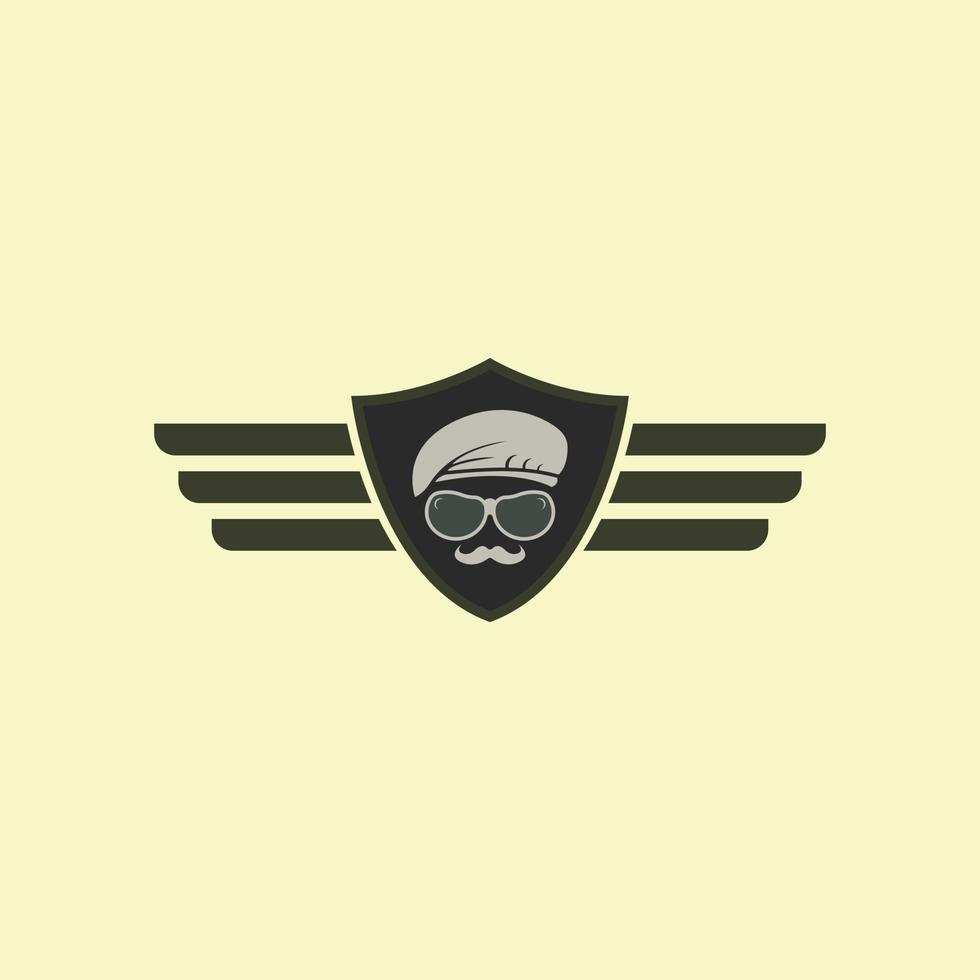 icono de logotipo de alas de águila de bigote grueso de hombre de cara de comando de sombrero abstracto vector