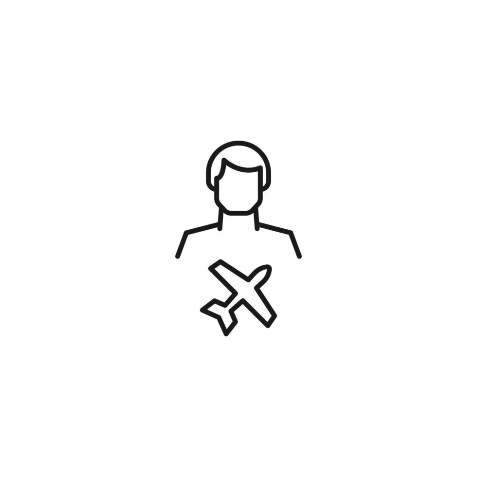 Monochrome sign drawn with black thin line. Modern vector symbol perfect for sites, apps, books, banners etc. Line icon of flying airplane next to faceless man