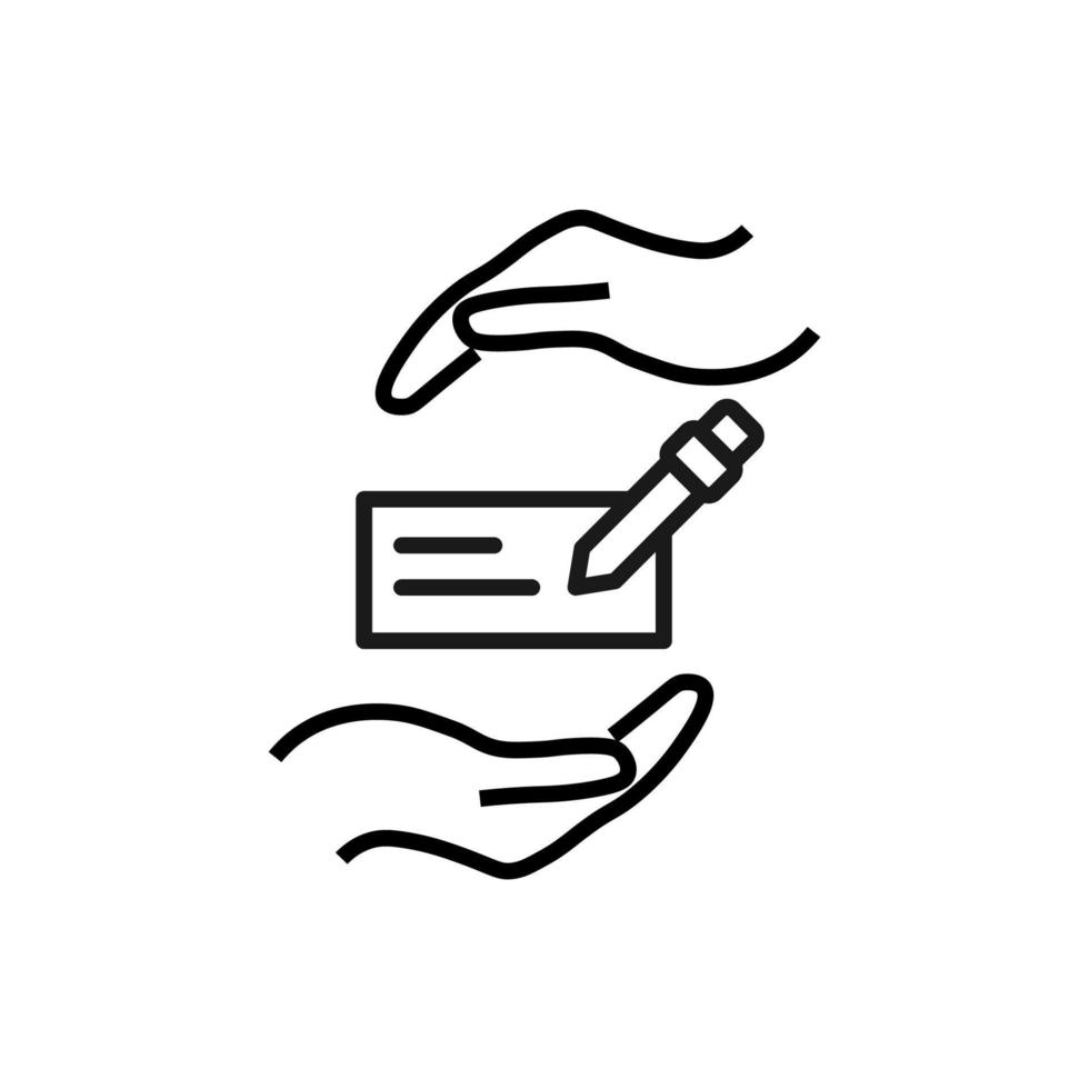 Support and gift signs. Minimalistic isolated vector image for web sites, shops, stores, adverts. Editable stroke. Vector line icon of business card between outstretched hands