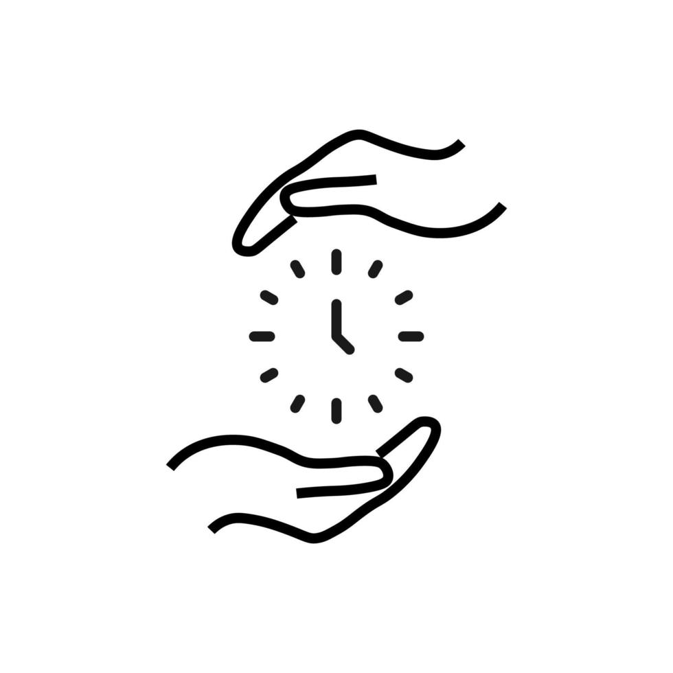 Support and gift signs. Minimalistic isolated vector image for web sites, shops, stores, adverts. Editable stroke. Vector line icon of simple clock between outstretched hands
