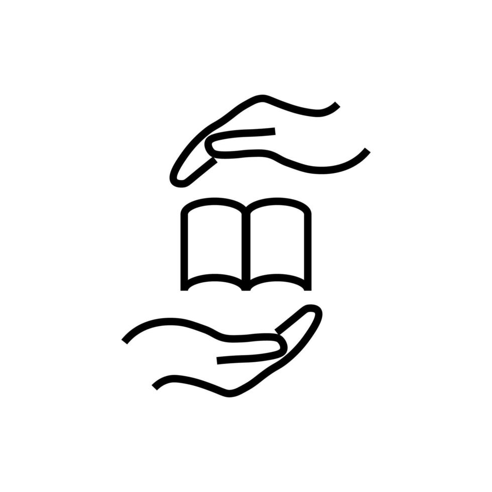 Support and gift signs. Minimalistic isolated vector image for web sites, shops, stores, adverts. Editable stroke. Vector line icon of opened book between outstretched hands