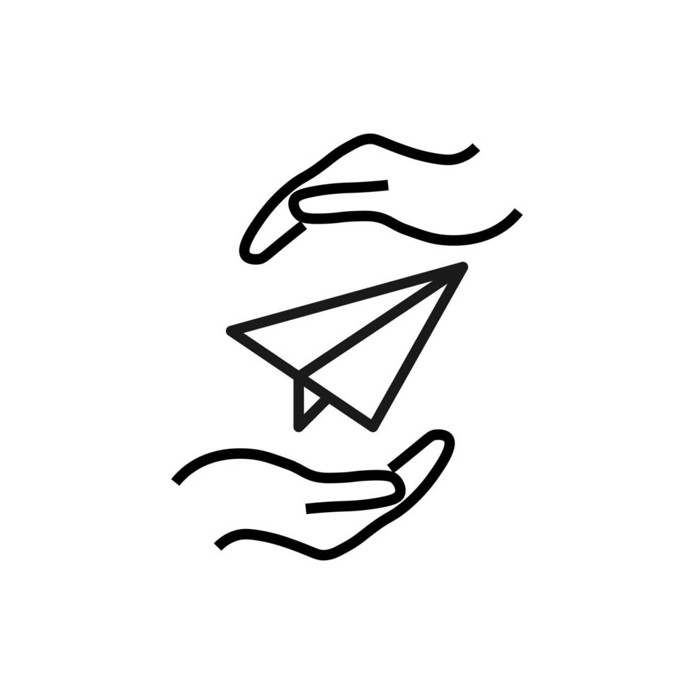 Support and gift signs. Minimalistic isolated vector image for web sites, shops, stores, adverts. Editable stroke. Vector line icon of paper airplane between outstretched hands