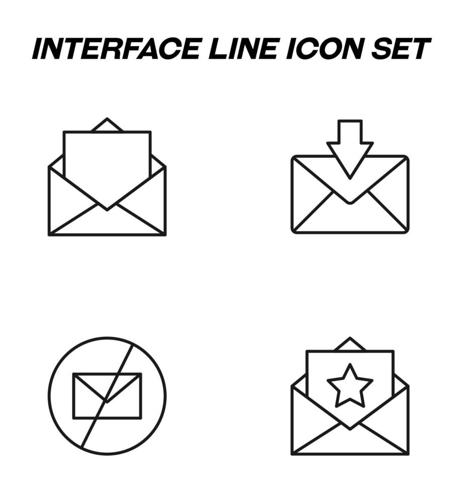 símbolos vectoriales monocromáticos simples adecuados para aplicaciones, libros, tiendas, tiendas, etc. iconos de línea establecidos con signos de sobre cruzado, flecha y estrella junto a la letra vector