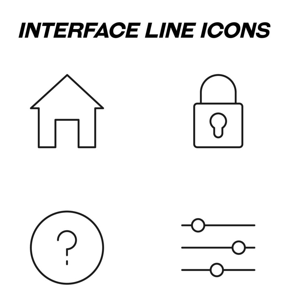 símbolos vectoriales monocromáticos simples adecuados para aplicaciones, libros, tiendas, tiendas, etc. iconos de línea establecidos con signos de casa, candado, signo de interrogación, regulador o controlador vector