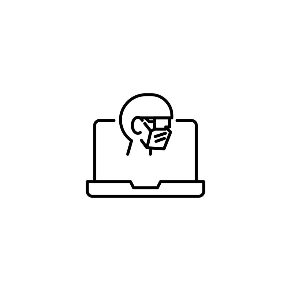Simple black and white illustration drawn with thin line. Perfect for advertisement, internet shops, stores. Editable stroke. Vector line icon of scientist or chemist on laptop monitor