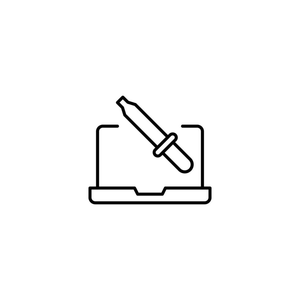 Simple black and white illustration drawn with thin line. Perfect for advertisement, internet shops, stores. Editable stroke. Vector line icon of pipette or dropper laptop monitor