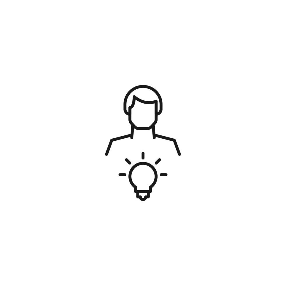 Monochrome sign drawn with black thin line. Modern vector symbol perfect for sites, apps, books, banners etc. Line icon of light bulb next to faceless man