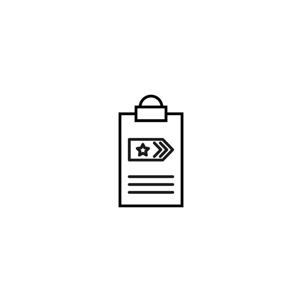 Document on clipboard sign. Vector outline symbol in flat style. Suitable for web sites, banners, books, advertisements etc. Line icon of star and lines on epaulets on clipboard