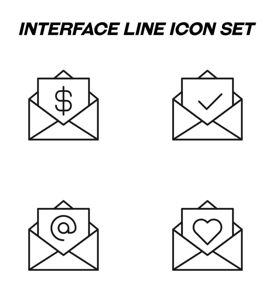 Simple monochrome vector symbols suitable for apps, books, stores, shops etc. Line icons set with signs of dollar, check mark, heart, at sign on letter in envelope