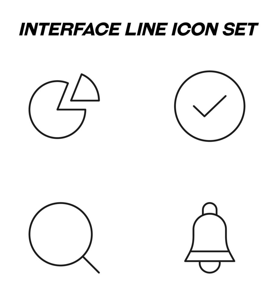 Simple monochrome vector symbols suitable for apps, books, stores, shops etc. Line icons set with signs of pie chart, check mark, magnifying glass, bell