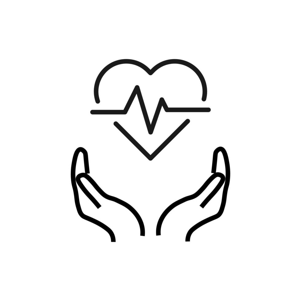 Support, present and charity concept. Modern vector sign drawn with black thin line. Editable stroke. Vector line icon of pulse inside of heart over outstretched hands