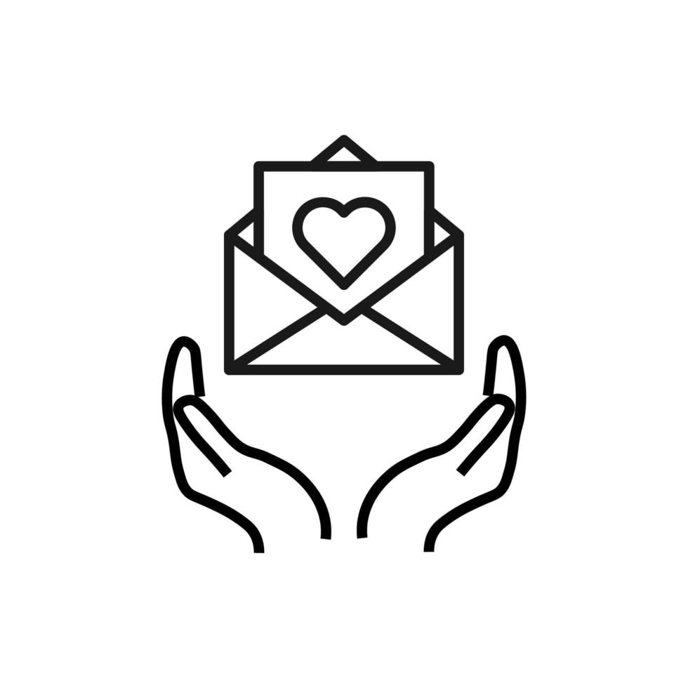 Support, present and charity concept. Modern vector sign drawn with black thin line. Editable stroke. Vector line icon of heart inside of letter in envelope over outstretched hands