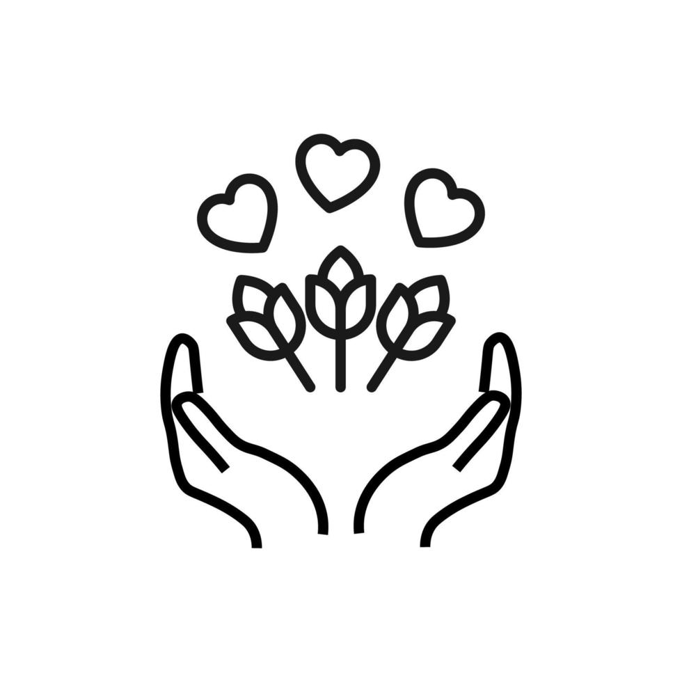 Support, present and charity concept. Modern vector sign drawn with black thin line. Editable stroke. Vector line icon of hearts above bouquet of flowers over outstretched hands