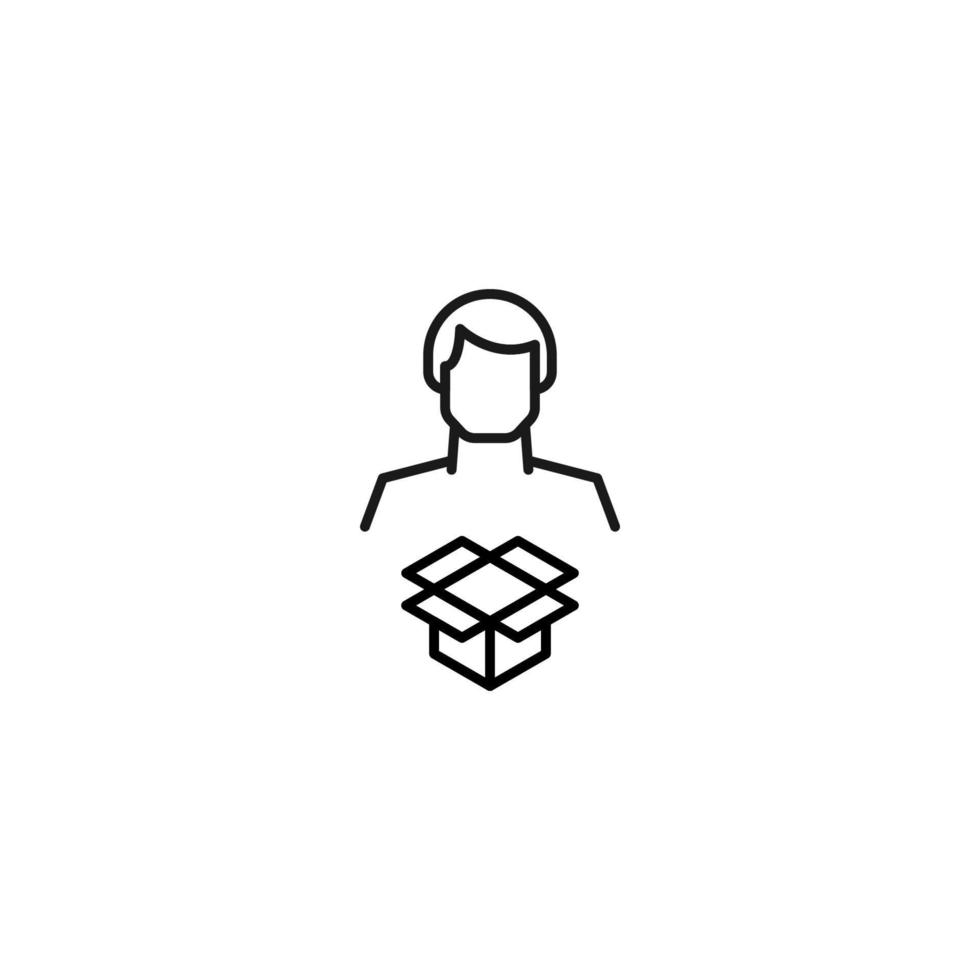 Monochrome sign drawn with black thin line. Modern vector symbol perfect for sites, apps, books, banners etc. Line icon of opened box next to faceless man